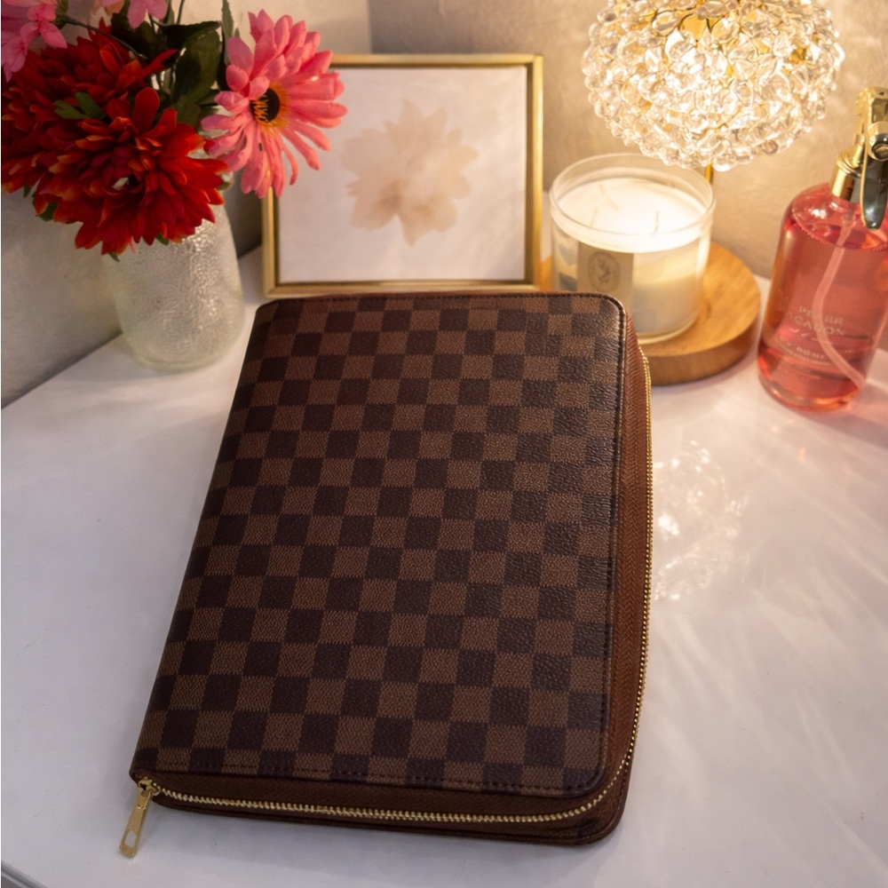Brown Checkered Red Interior by Nexella Luxe B5 with detachable Gold Rings iPad